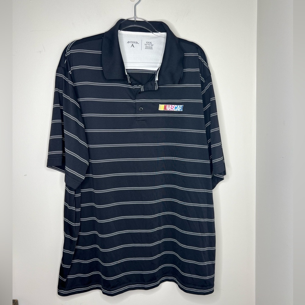NASCAR Antigua XXXL collared polo t-shirt. Black with white stripes, Lightweight